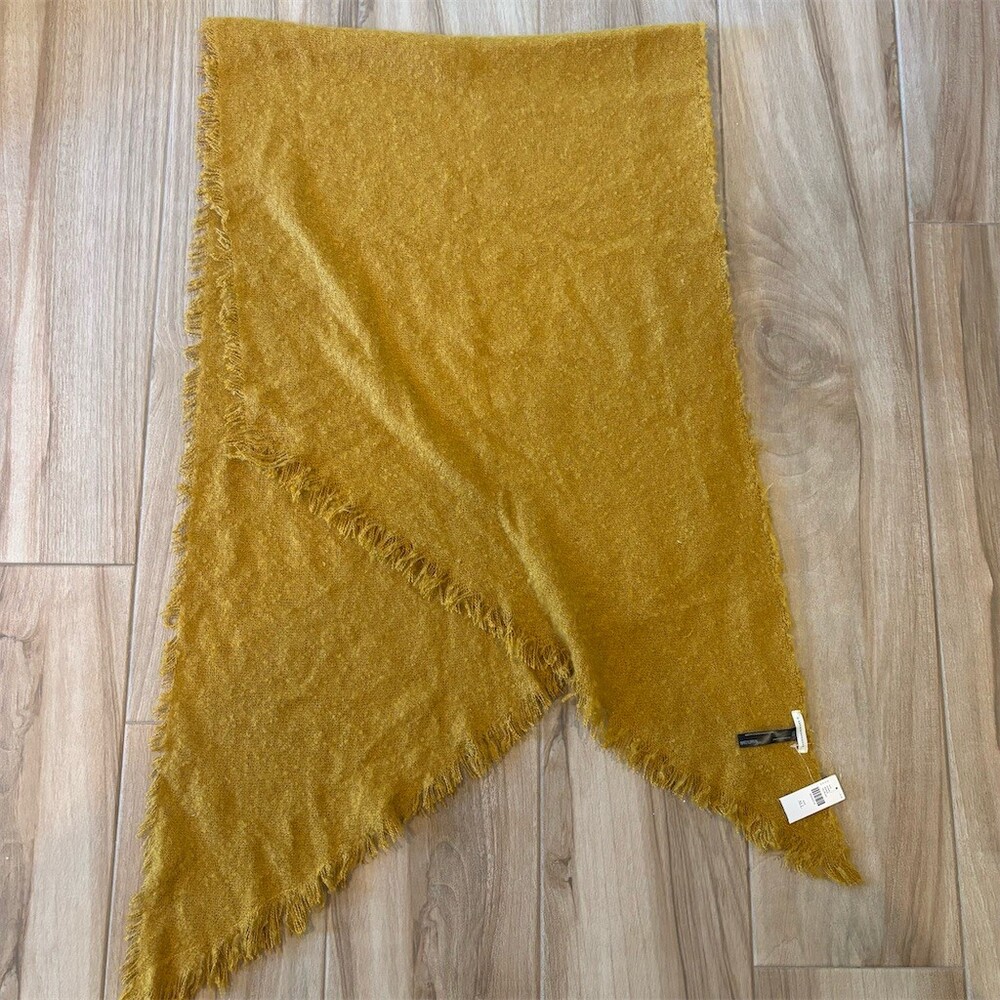Anthropologie Shawl Wrap Womens One Size Mustard Yellow Fuzzy Fringe Oversized